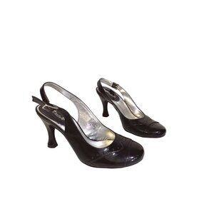 Vintage Inspired Wingtip Faux Black Patent Leather Slingback Heels Size 7.5